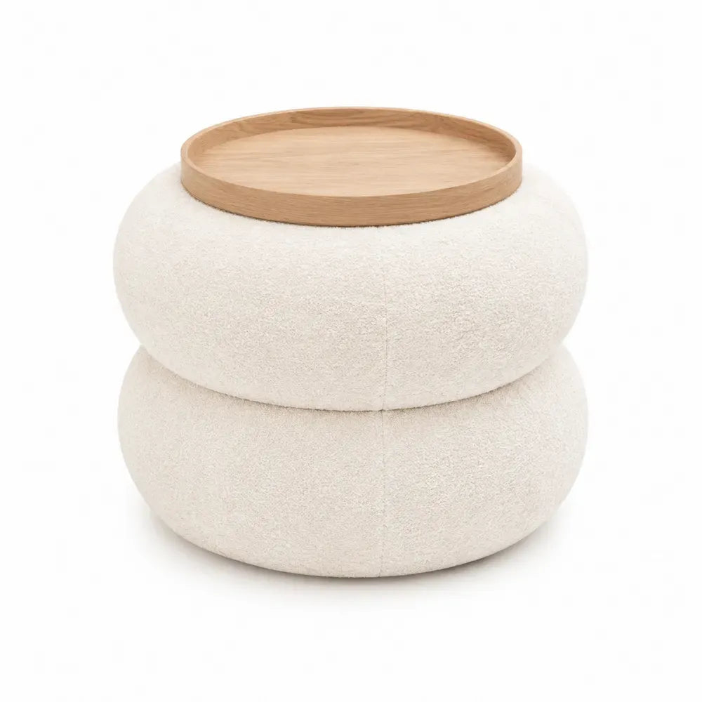 Puf reposapiés redondo con bandeja superior de madera y tapizado bouclé de poliéster beige 55 x 55 x 52 cm
