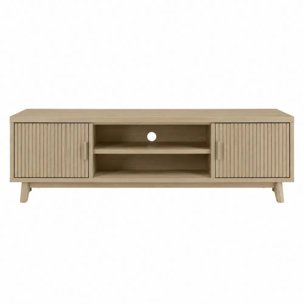 Mueble de TV de roble claro con puertas correderas ranuradas estantes abiertos estructura de tablero melaminado 180 cm x 40 cm x 50 cm