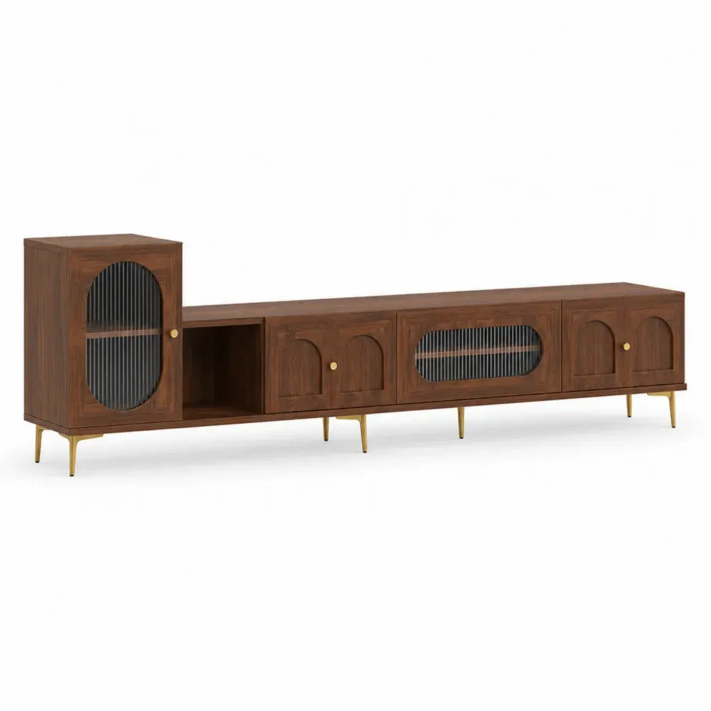 Mueble para TV rectangular con módulo lateral de aglomerado efecto nogal marrón negro y dorado 180 x 40 x 55 cm