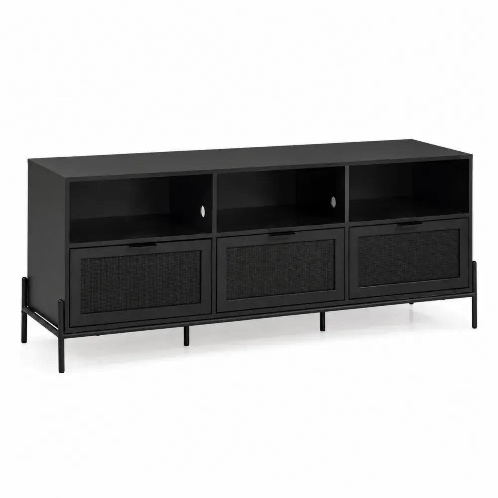 Mueble para TV 160 cm en MDF melamina negro con puertas de malla metálica estructura de acero al carbono y estantes abiertos