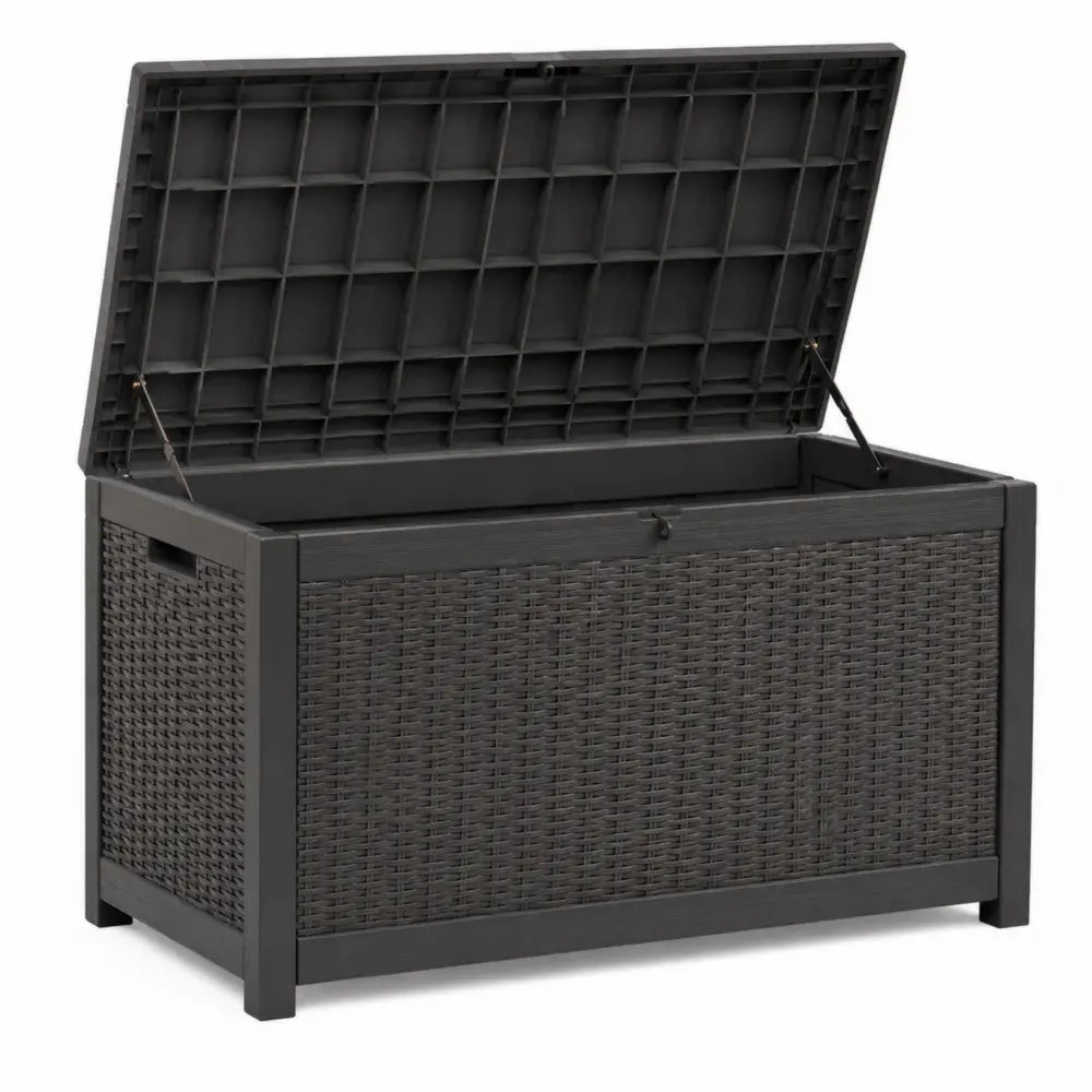 Arcón de almacenamiento exterior de ratán sintético y acero gris oscuro con tapa abatible 120 cm ancho 60 cm fondo 60 cm alto