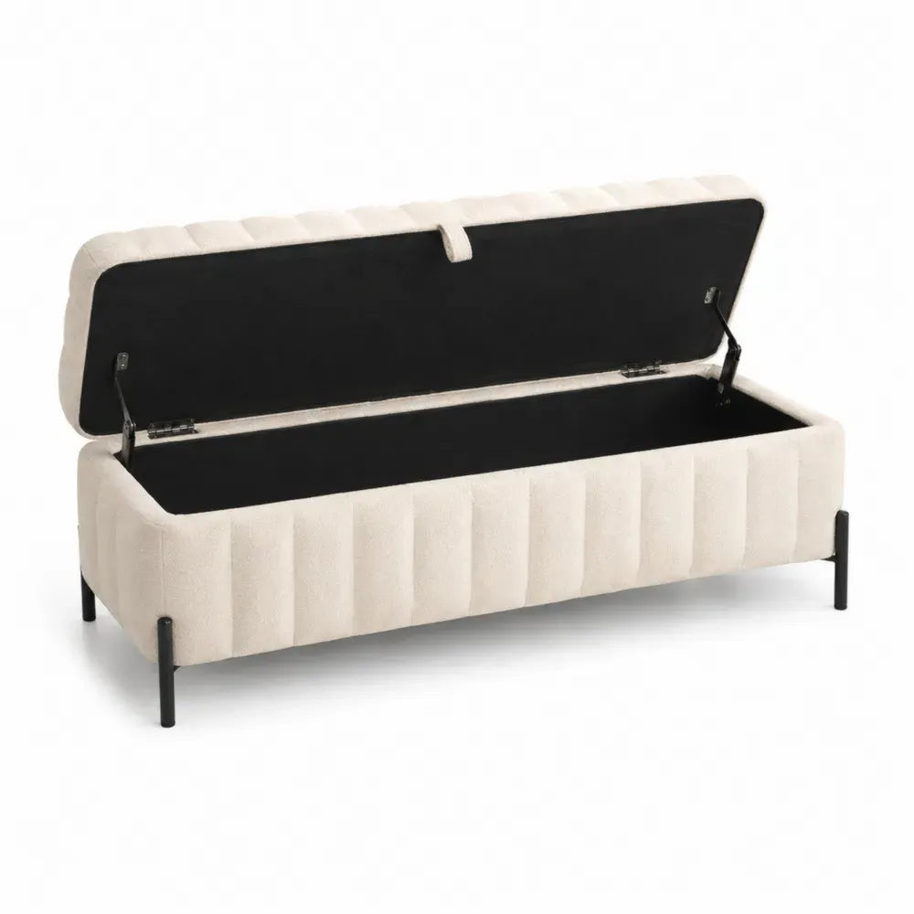 Banco de almacenamiento tapizado en tejido efecto lino con tapa abatible estructura de madera contrachapada patas metálicas negras 120 cm