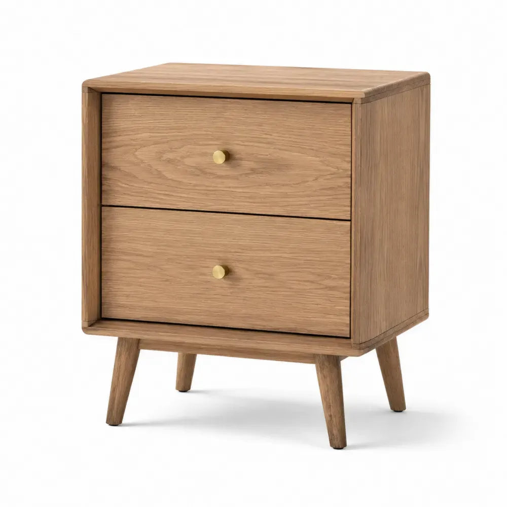 Mesita de noche de madera maciza de roble con dos cajones y patas de madera color madera natural 45 cm x 40 cm x 55 cm