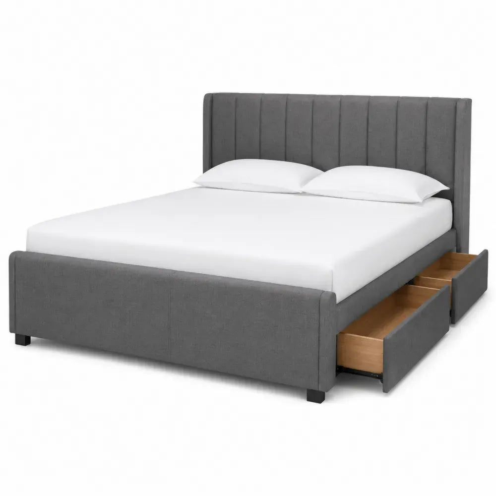 Cama tapizada con cabecero acolchado de líneas verticales con cajones de almacenamiento estructura de MDF y acero gris 160 cm x 200 cm