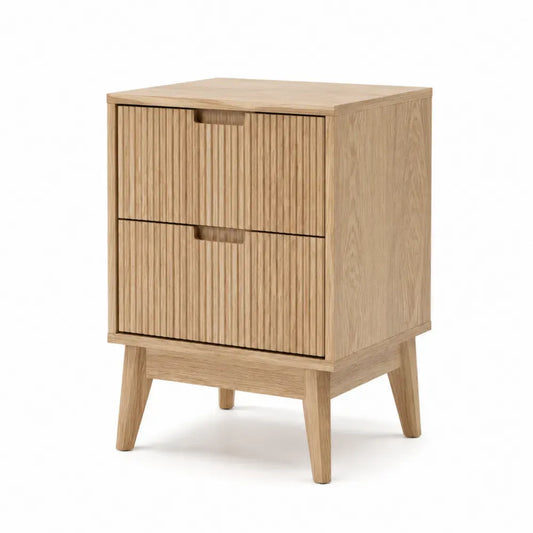 Mesita de noche de madera MDF con acabado efecto roble claro y dos cajones estructura con patas de madera 50 x 40 x 60 cm