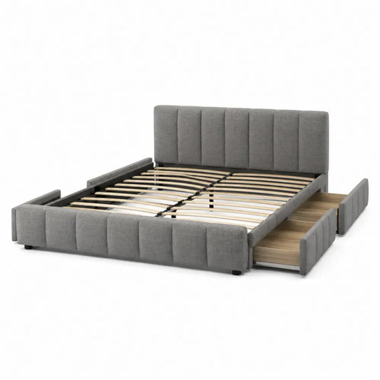 Cama doble tapizada rectangular con cajones de almacenamiento estructura de madera contrachapada y listones gris 160 x 200 cm