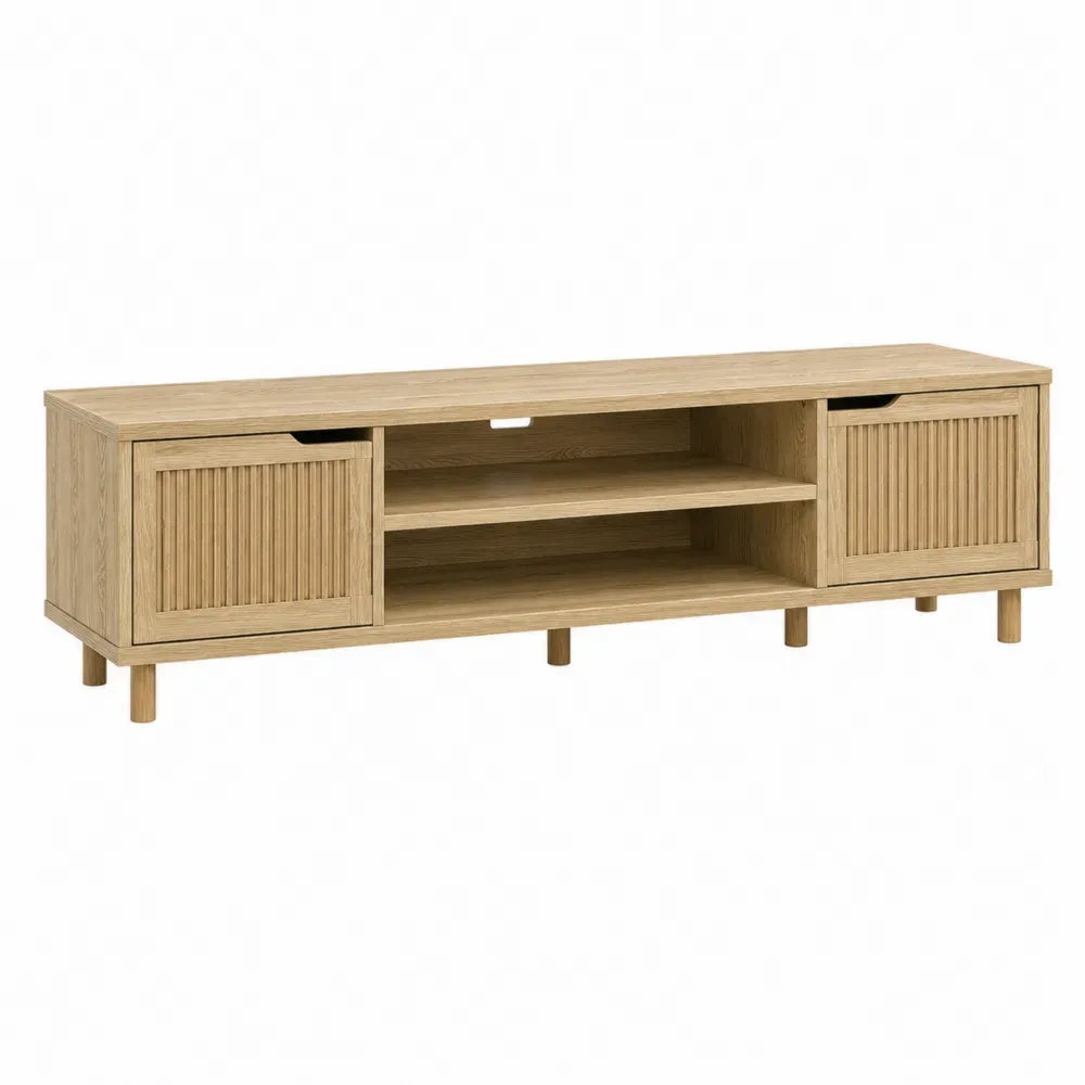 Mueble de TV de roble claro con puertas correderas estructura de tablero melaminado con estantes abiertos 180 cm x 40 cm x 50 cm