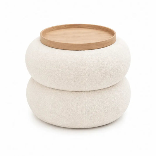 Puf reposapiés redondo con bandeja superior de madera y tapizado bouclé de poliéster beige 55 x 55 x 52 cm