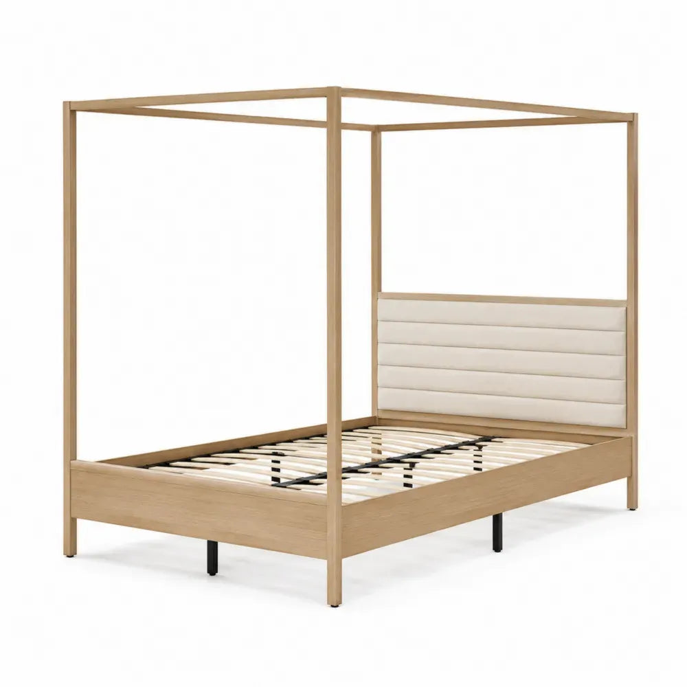 Cama con dosel de madera efecto roble con cabecero tapizado y base de láminas 200 cm x 160 cm x 200 cm color madera clara beige negro