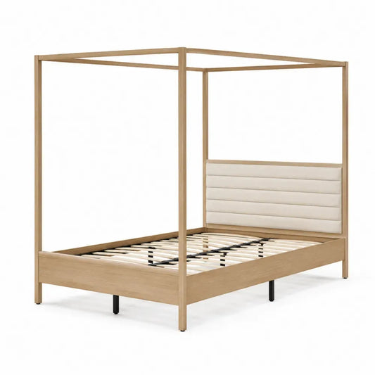 Cama con dosel de madera efecto roble con cabecero tapizado y base de láminas 200 cm x 160 cm x 200 cm color madera clara beige negro