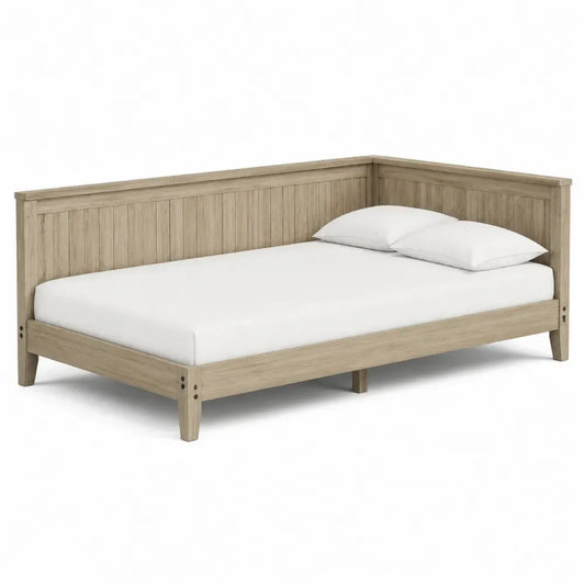Cama doble rectangular de madera maciza de pino con cabecero lateral y base de listones madera natural 160 x 200 cm