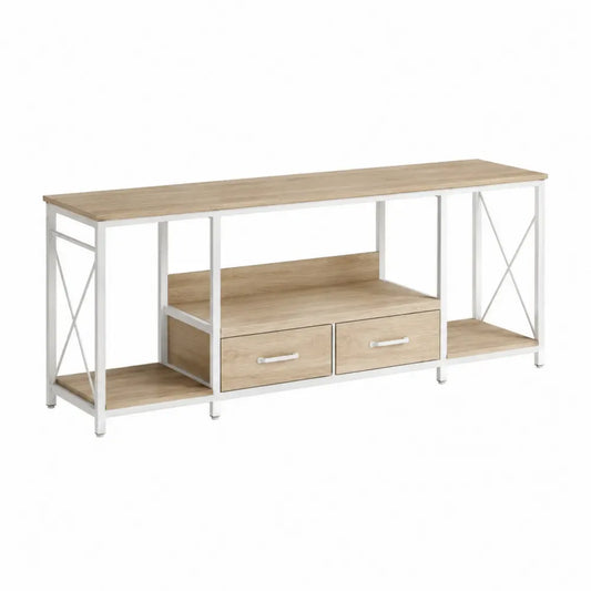 Mueble TV rectangular de 160 cm con 2 cajones MDF efecto roble claro y estructura de acero blanco 160 x 40 x 55 cm