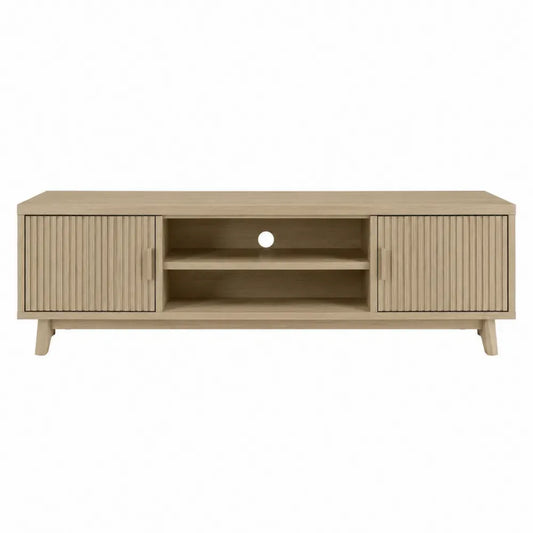 Mueble de TV de roble claro con puertas correderas ranuradas estantes abiertos estructura de tablero melaminado 180 cm x 40 cm x 50 cm