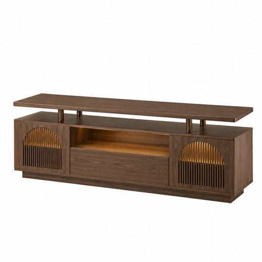 Mueble TV rectangular de 180 cm con estante superior MDF efecto nogal oscuro puertas laterales de lamas 180 x 40 x 70 cm