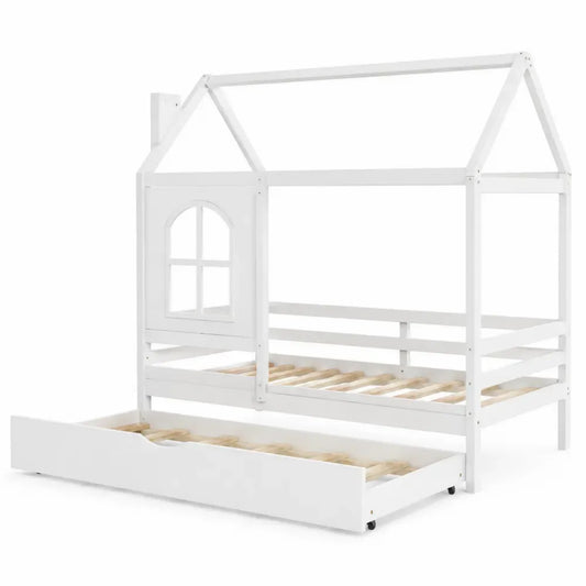Cama infantil tipo casa con cama nido extraíble de MDF y madera de pino 200 cm x 90 cm x 180 cm color blanco