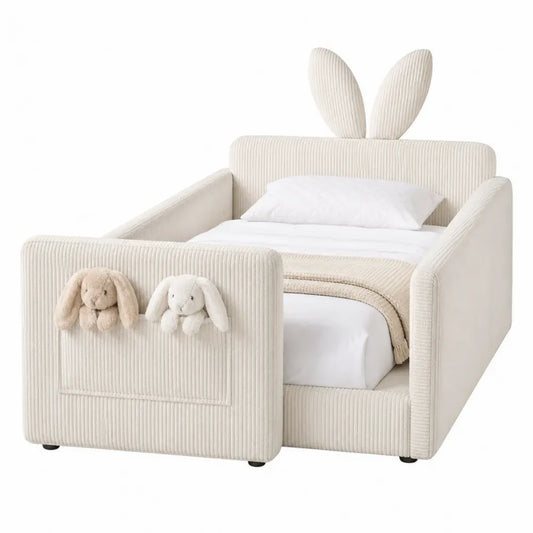 Cama infantil tapizada con cabecero de orejas de conejo estructura acolchada y base de listones beige 90 x 200 cm