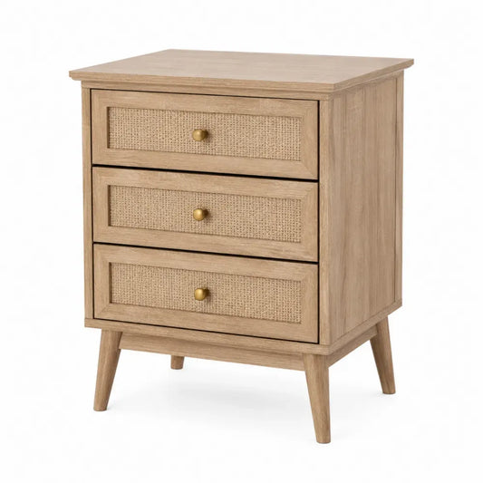 Mesita de noche rectangular de MDF con chapa de madera y 3 cajones de ratán madera natural beige y dorado 45 x 40 x 60 cm