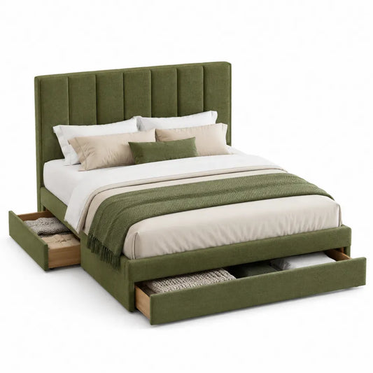 Cama doble rectangular tapizada con cabecero vertical y cajones de almacenamiento estructura de madera y tejido de poliéster verde 160 x 200 cm