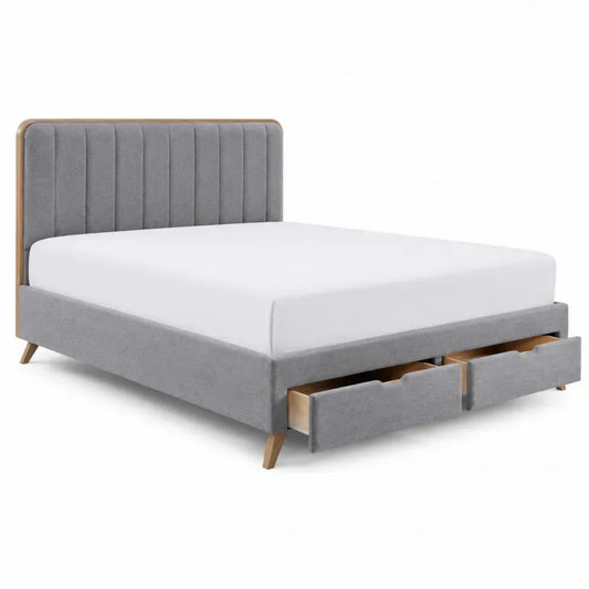 Cama tapizada con cabecero acolchado con costuras verticales y cajones de almacenamiento estructura de madera y acero gris madera natural 150 cm x 200 cm
