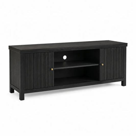 Mueble de TV de 150 cm en MDF melaminado negro con puertas ranuradas estantes abiertos y orificio para cables patas de madera maciza color negro