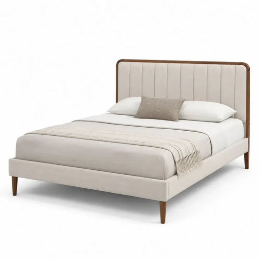 Cama tapizada con cabecero acolchado de tejido beige con estructura de madera y acero 160 cm x 200 cm