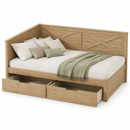 Cama doble rectangular de madera de pino y MDF con respaldo lateral y 2 cajones de almacenamiento madera natural 160 x 200 cm