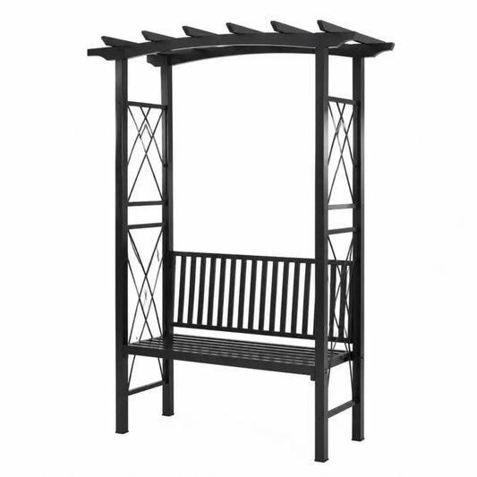 Banco de exterior con pérgola de acero negro y asiento de listones metálicos 130 x 65 x 210 cm