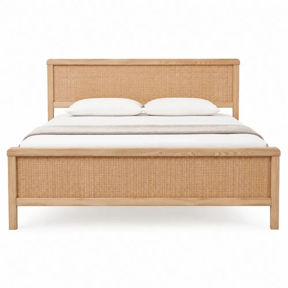 Cama con cabecero y pie de ratán estructura de madera maciza de pino con somier de listones color madera natural 160 cm x 200 cm