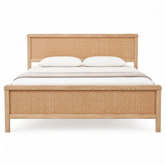 Cama con cabecero y pie de ratán estructura de madera maciza de pino con somier de listones color madera natural 160 cm x 200 cm