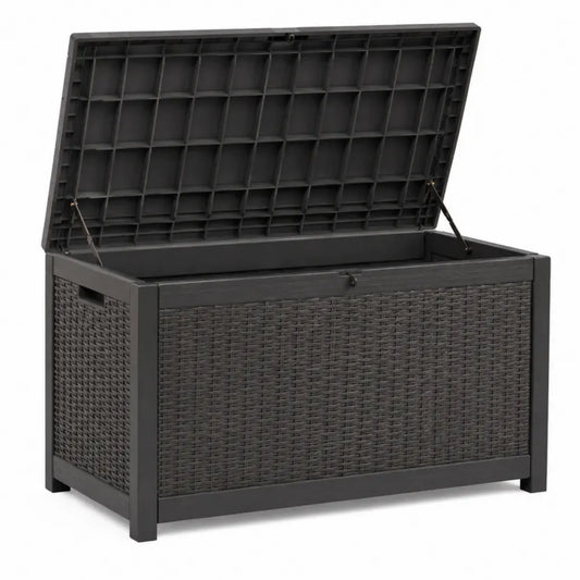 Arcón de almacenamiento exterior de ratán sintético y acero gris oscuro con tapa abatible 120 cm ancho 60 cm fondo 60 cm alto