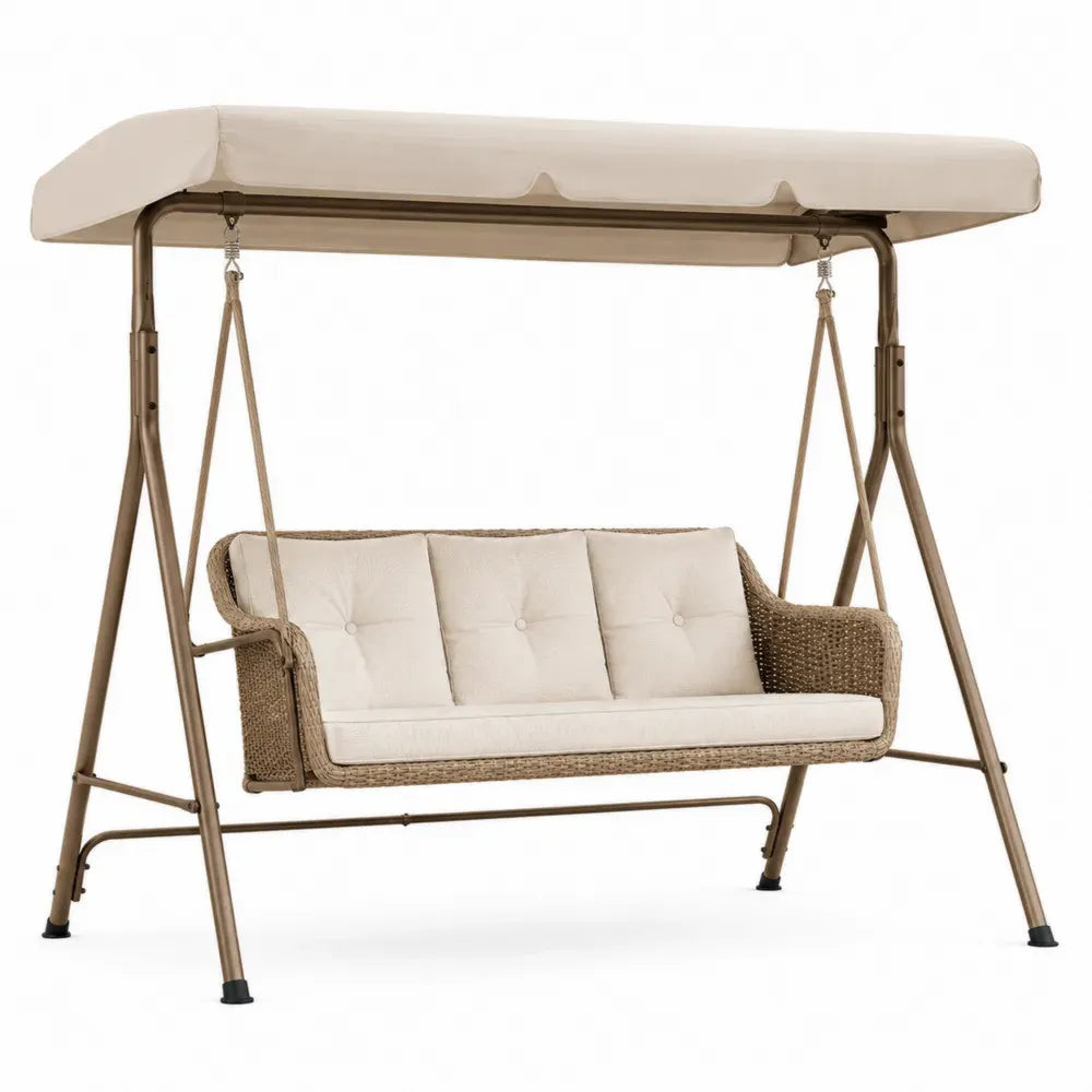 Banco colgante de exterior con toldo estructura metálica cojines beige y ratán sintético diseño de jardín 170 cm