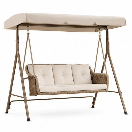 Banco colgante de exterior con toldo estructura metálica cojines beige y ratán sintético diseño de jardín 170 cm